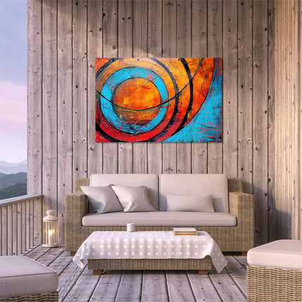 Tuinposter buiten terras Abstract Kunstwerk met Blauwe en Oranje Cirkels