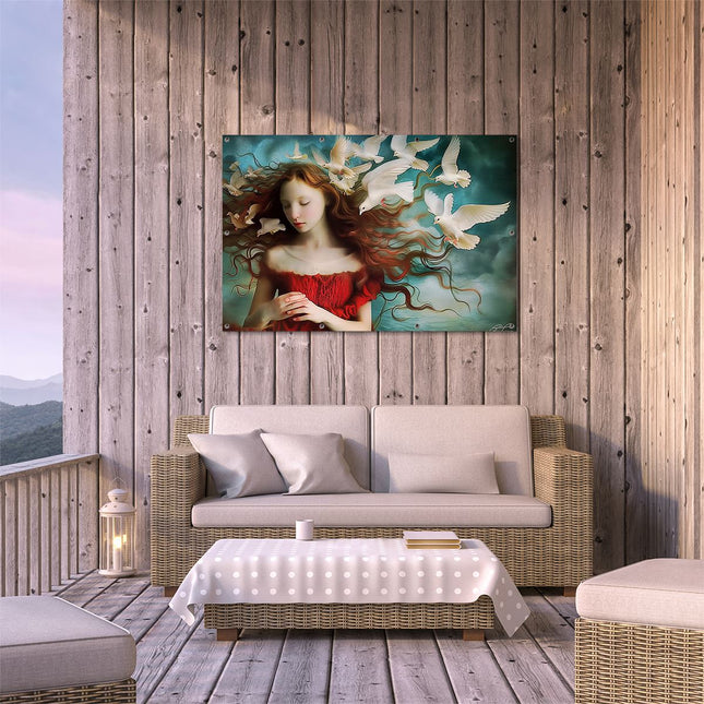 Tuinposter buiten terras Meisje met een Rode Jurk en Witte Duiven