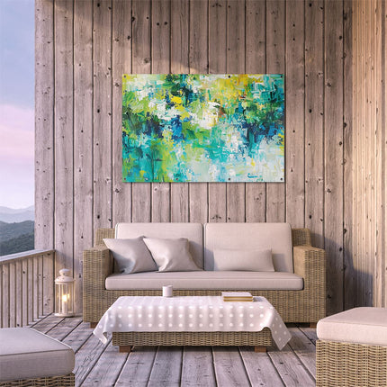 Tuinposter buiten terras Abstract Kunstwerk van Groen, Blauw en Geel