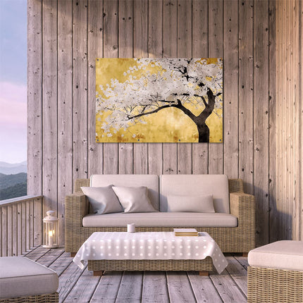 Tuinposter buiten terras Boom met Witte Bloemen tegen een Gouden Achtergrond