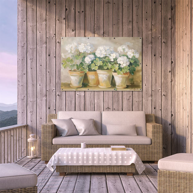 Tuinposter buiten terras Witte Geraniums in Potten