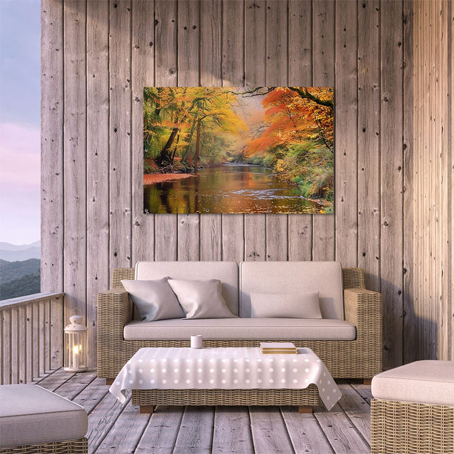 Tuinposter buiten terras Rivier Omgeven door Bomen in de Herfst