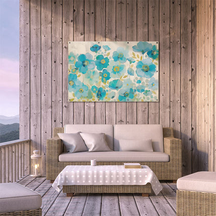 Tuinposter buiten terras Blauwe Bloemen op een Beige Achtergrond