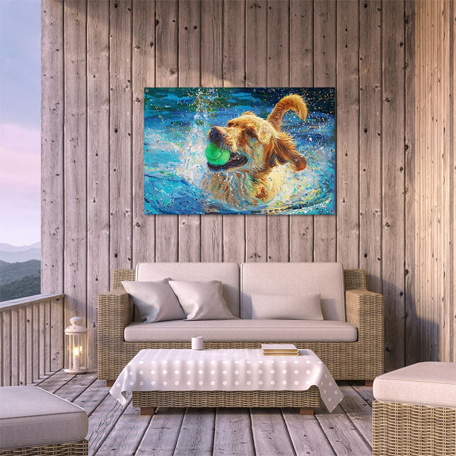 Tuinposter buiten terras Hond speelt met een Bal in het Water