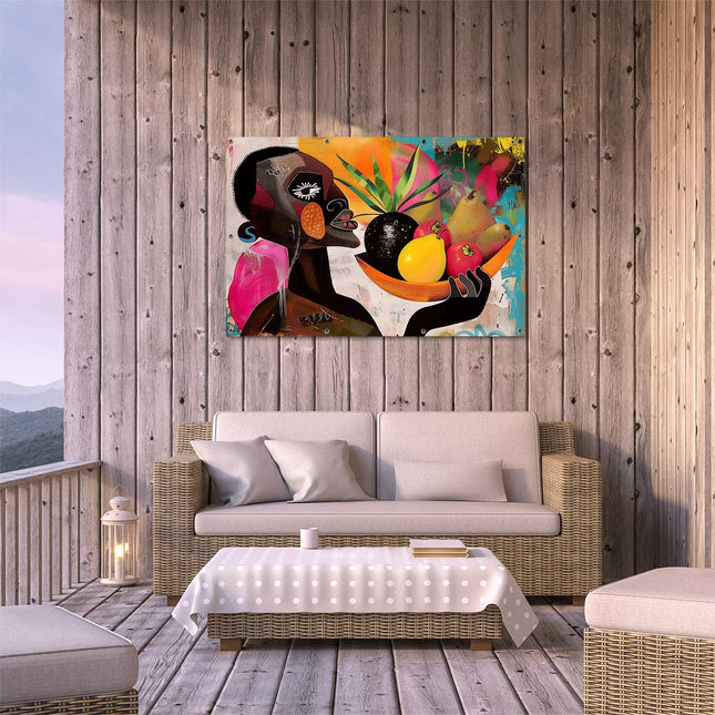 Tuinposter buiten terras Man met een Schaal Fruit