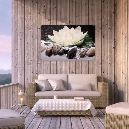 Tuinposter buiten terras Lotusbloem Wit met Stenen