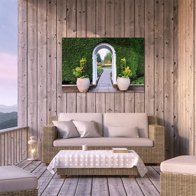 Tuinposter buiten terras Doorkijk met Potten