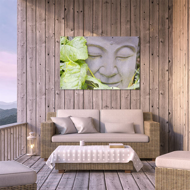 Tuinposter buiten terras Buddha Hoofd met Blad