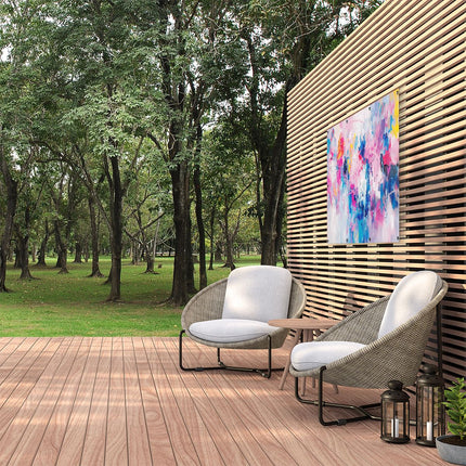 Tuinposter buiten Abstract Kunstwerk met Blauwe, Roze en Gele Kleuren