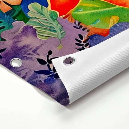 Tuinposter detail Kunstwerk van een Tropisch Tafereel met Palmbomen en Surfplanken