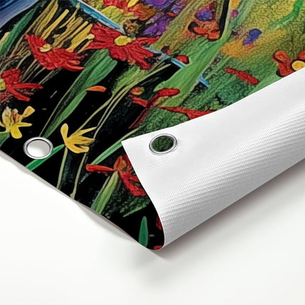Tuinposter detail Kunstwerk van een Strand met Bloemen en Vogels