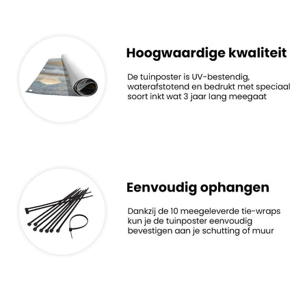 Tuinposter informatie Kunstwerk van een Zonsondergang op een Strand