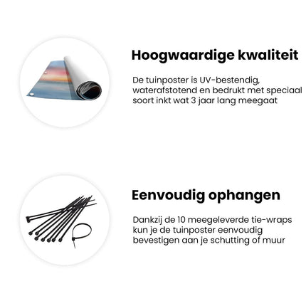 Tuinposter informatie Aquarelkunstwerk van een Zonsondergang