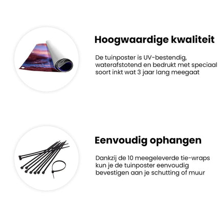 Tuinposter informatie Kleurrijke Zonsondergang over een Rotsachtige Kust