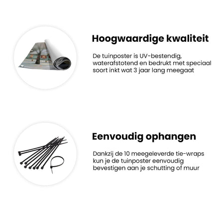 Tuinposter informatie Kunstwerk van een Kerstdorp met een Paardenkoets