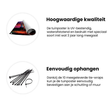 Tuinposter informatie Kunstwerk van een Vuurtoren bij Zonsondergang