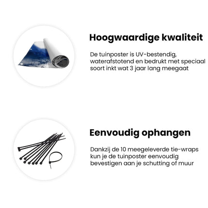 Tuinposter informatie Blauw, Oranje en Groen Artwork op een Witte Achtergrond