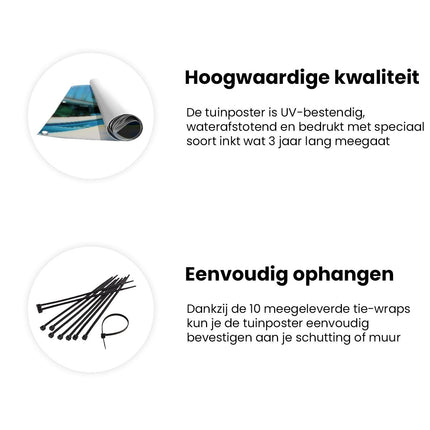 Tuinposter informatie Kunstwerk van een Zwembad met Ligstoelen en Palmbomen