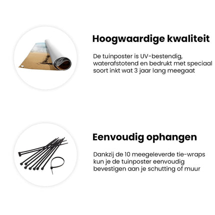 Tuinposter informatie Het Woord Liefde is Geschreven in het Zand op een Strand
