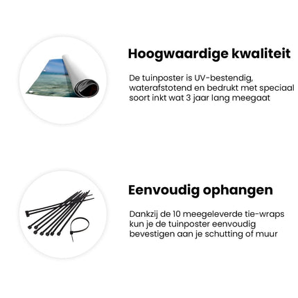 Tuinposter informatie Houten Loopbrug die Leidt naar een Tropisch Eiland