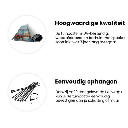 Tuinposter informatie Twee Adirondackstoelen op een Terras met Uitzicht op de Oceaan