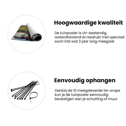Tuinposter informatie Kunstwerk van Wijn, Kaas en Druiven op een Tafel