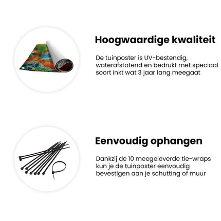 Tuinposter informatie Kunstwerk van een Tropisch Tafereel met Palmbomen en Surfplanken