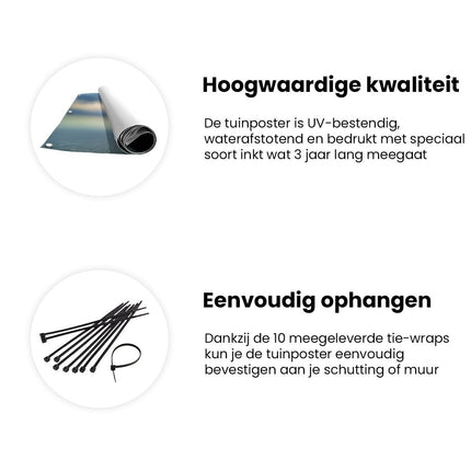 Tuinposter informatie Eenzame Boom op een Strand bij Zonsondergang