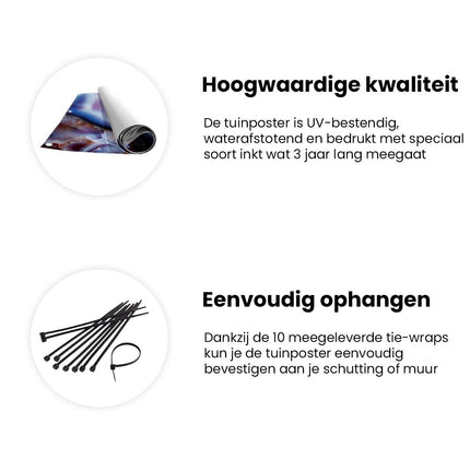 Tuinposter informatie De Afbeelding is een Close-Up van een Paarse, Blauwe en Oranje Agaat