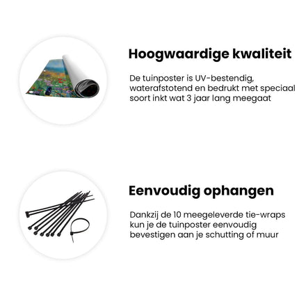 Tuinposter informatie Kunstwerk van een Strand met Bloemen en Vogels
