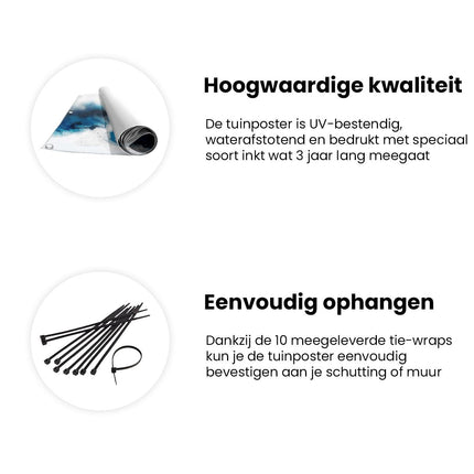 Tuinposter informatie Blauw en Wit Kunstwerk op een Witte Achtergrond