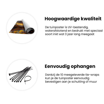 Tuinposter informatie De Zon gaat onder over de Bergen en Bloemen