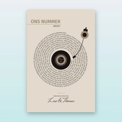 Songtekst poster platenspeler met namen en datum