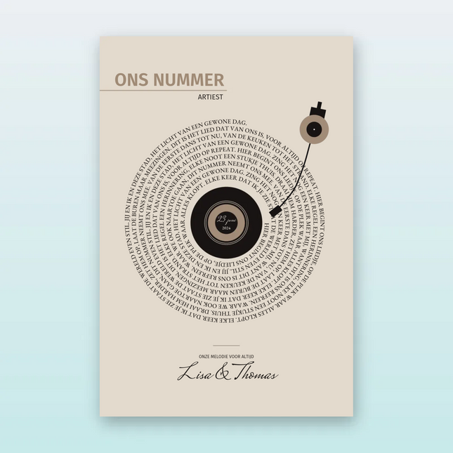 Songtekst poster platenspeler met namen en datum