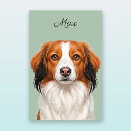 Gepersonaliseerd huisdierportret: geschilderd portret van een hond met naam op een gekleurde achtergrond