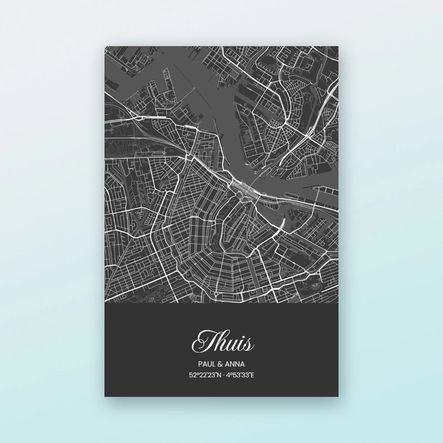Gepersonaliseerde stadsposter Thuis in zwart met namen en coördinaten