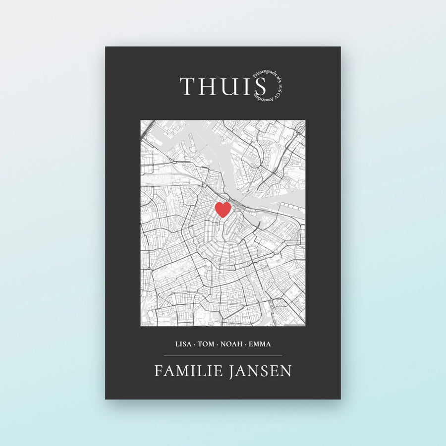 Familieposter Thuis in zwart met adresstempel en kaart